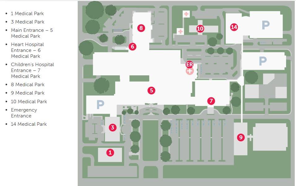 Map of Prisma Health Richland Medical Park showing buildings 1, 3, 5 (main entrance), 6 (heart hospital entrance), 7 (children’s hospital entrance), 8, 9, 10, 14, the emergency entrance, and visitor parking lots